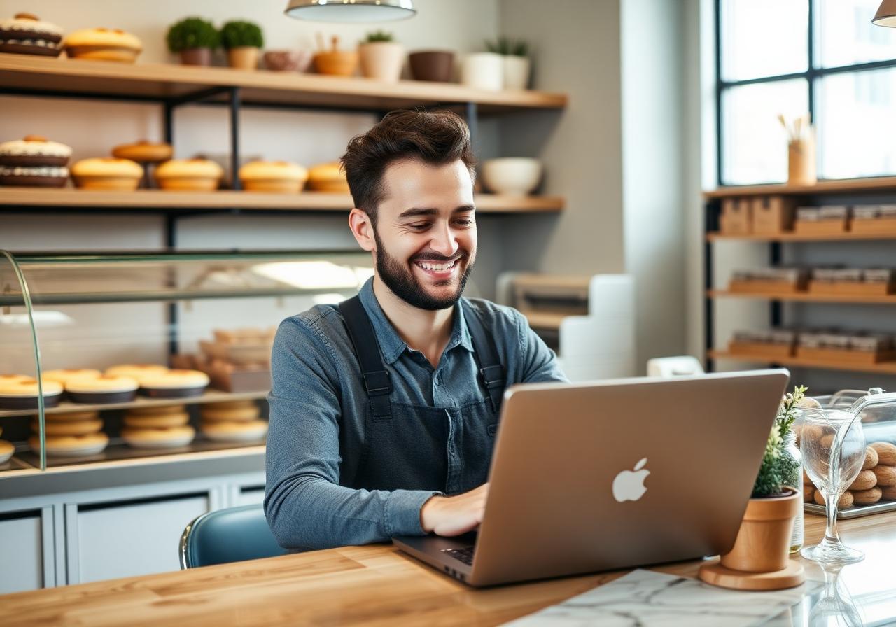Small business owner managing their account on a laptop