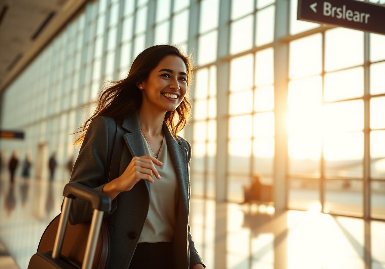 Smiling traveller at an international airport terminal