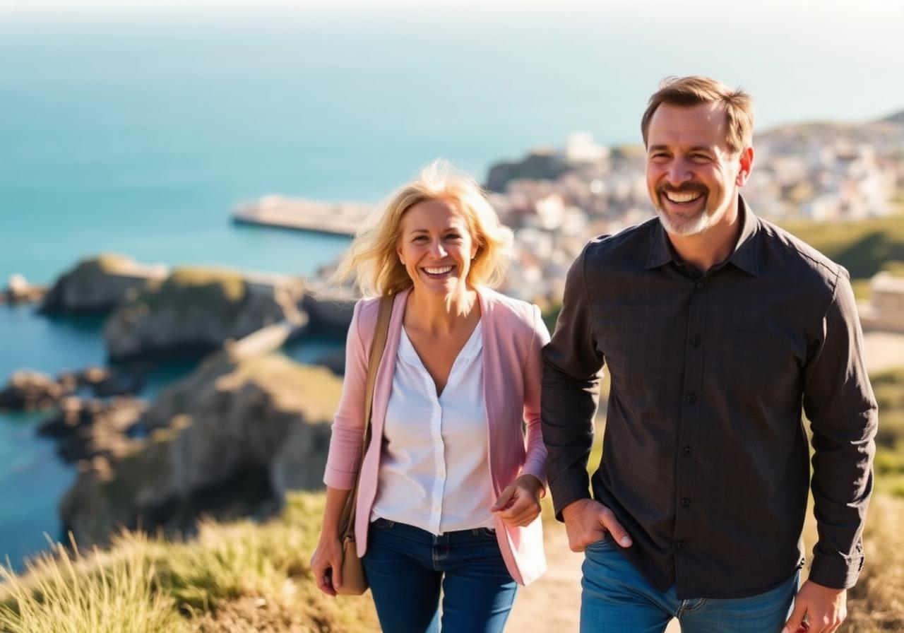 Couple walking along a Channel Islands coastal path