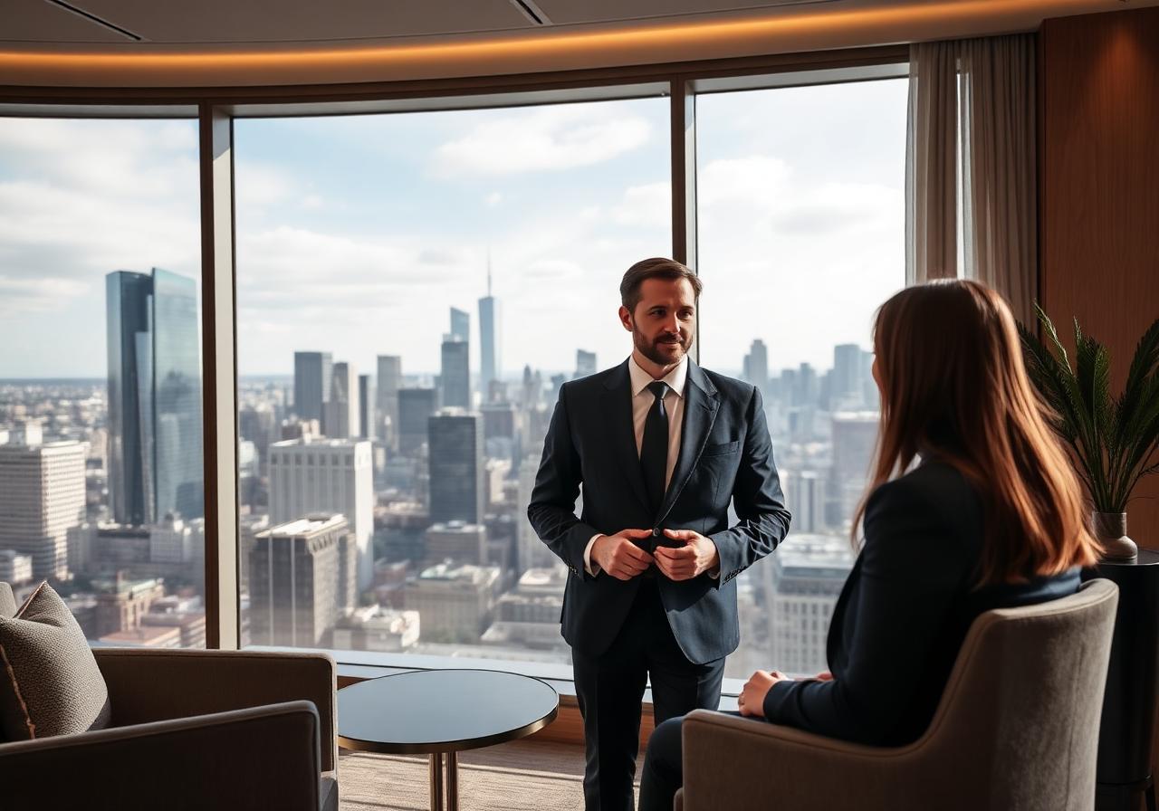 Private banking adviser meeting client with city view